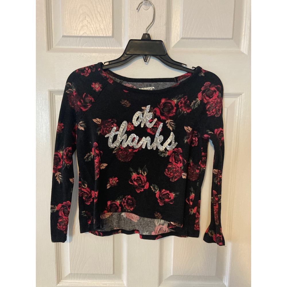 Arizona Jean Co Womens S Black Red Floral Ok Thanks Glitter Long Sleeve Top